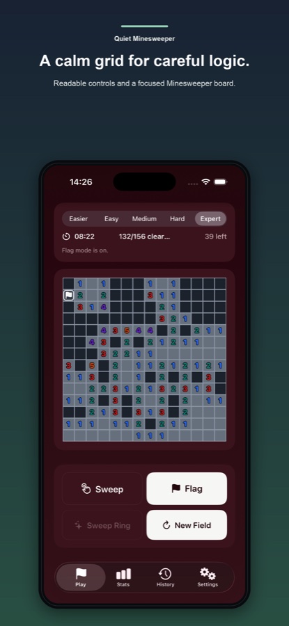 Quiet Minesweeper gameplay screen with a clean expert field and flag controls
